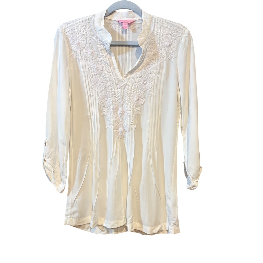 Lilly Pulitzer White Embroidered Pintuck Tunic‎ Blouse XS Rayon 3/4 Sleeve Top